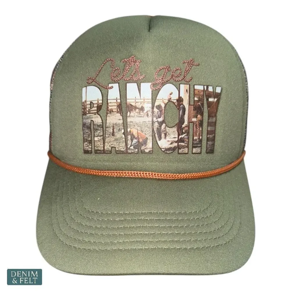 Flying S “Let’s Get Ranchy” Trucker Hat Olive Green Mesh Western Country Cap NEW